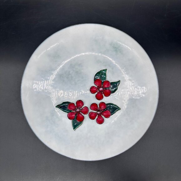 Vintage Bovano of Chester Enamel On Copper Plate Floral Dish White Red Flowers - Picture 2 of 6